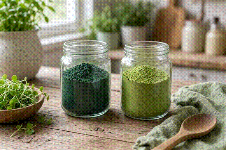 Cím: Glass jars of spirulina and chlorella powders – BioMenu.hu organic algae – leírás: Glass jars of spirulina and chlorella powders – BioMenu.hu organic algae